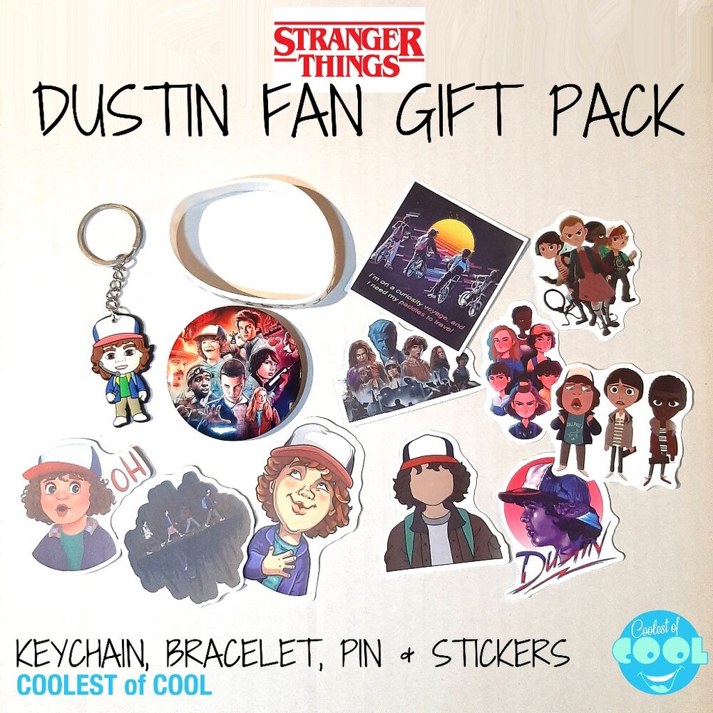 Stranger Things Dustin Fan mini gift set Keyring Pin Rubber Bracelet an Stickers